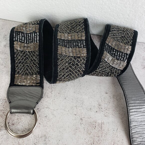 Vintage Beaded Leather Belt L/XL Metallic Bohemian Sequins Evening Festival main image 9